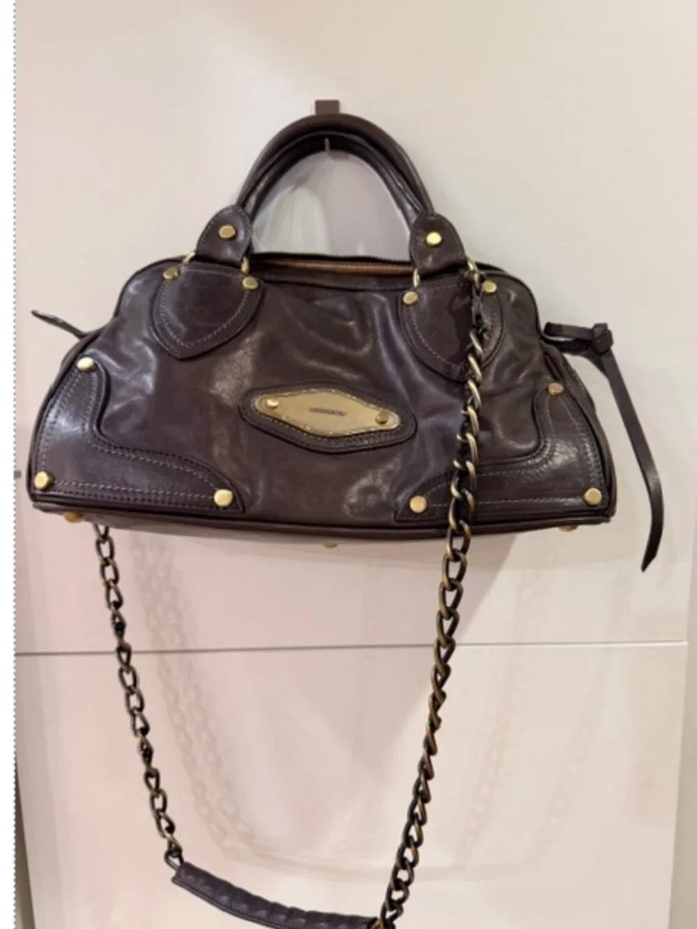 Luana Italian Leather Satchel Dark Olive Brown Chain Strap Top Handle